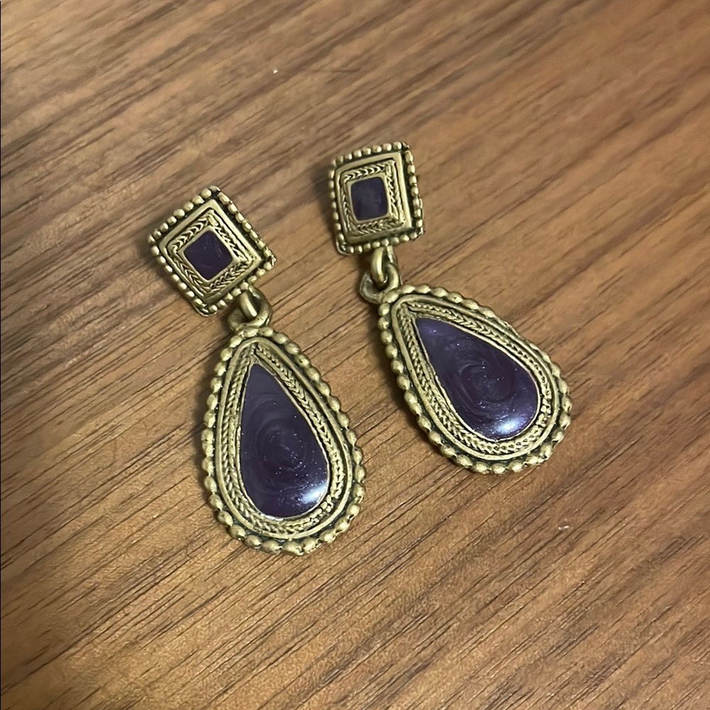 Gold Tone and Purple Gem Teardrop Earrings, Pierced